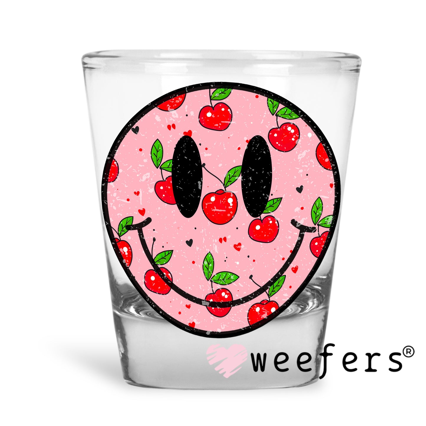 Cherry Smile Face UV DTF Decal Shot Glass Heavy Base Weefers