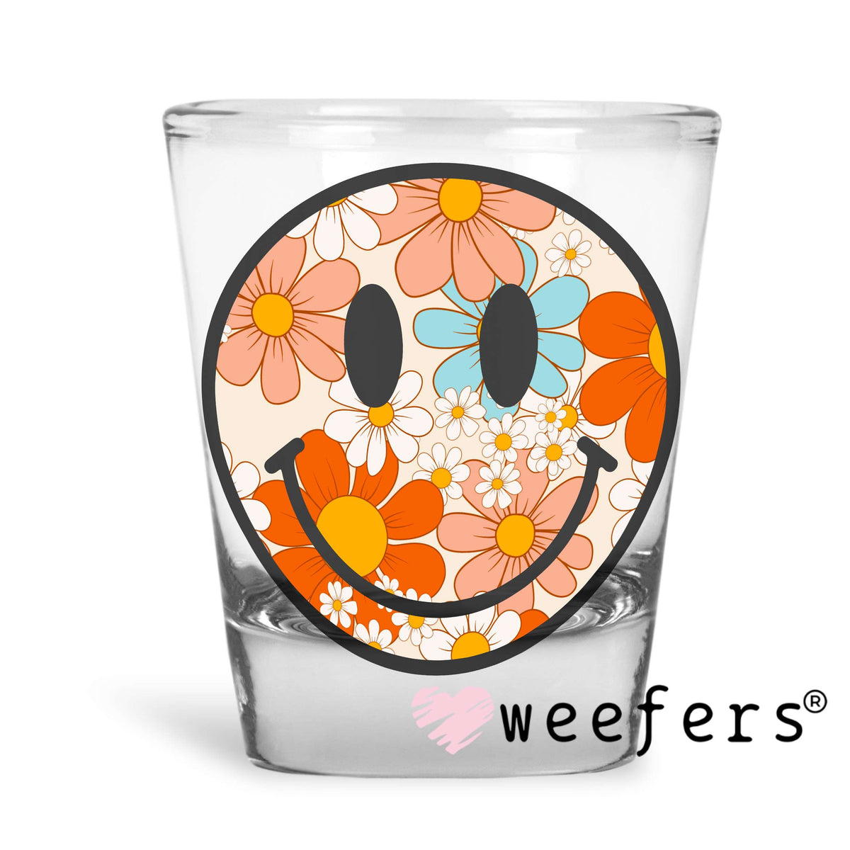 Retro Flowers Smile Face UV DTF Decal Shot Glass Heavy Base Weefers