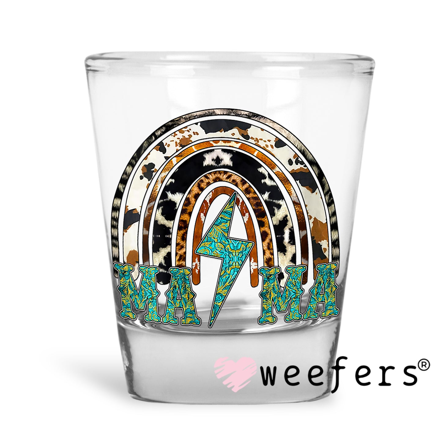 Mama Western Rainbow Lightening Bolt UV DTF Decal Shot Glass Heavy Base Weefers