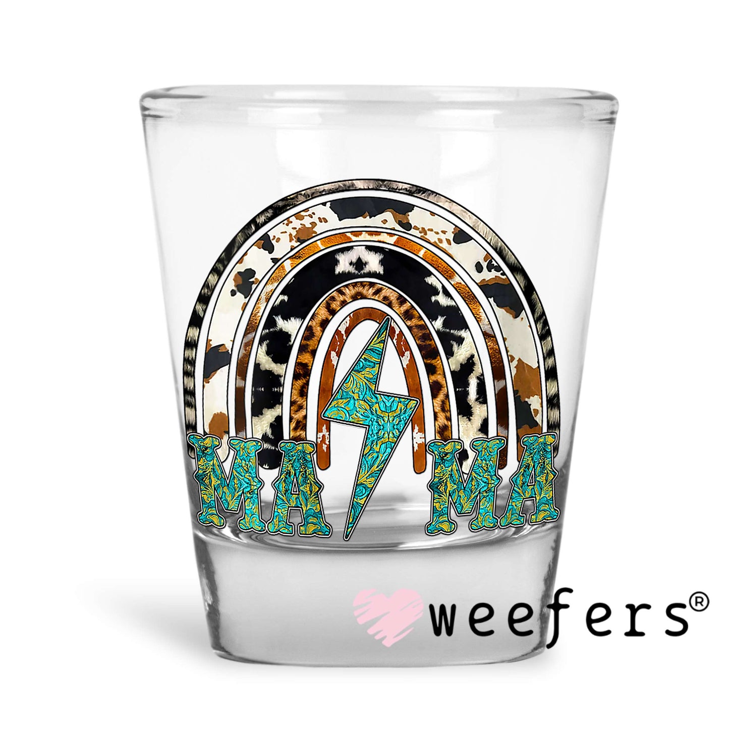Mama Western Rainbow Lightening Bolt UV DTF Decal Shot Glass Heavy Base Weefers