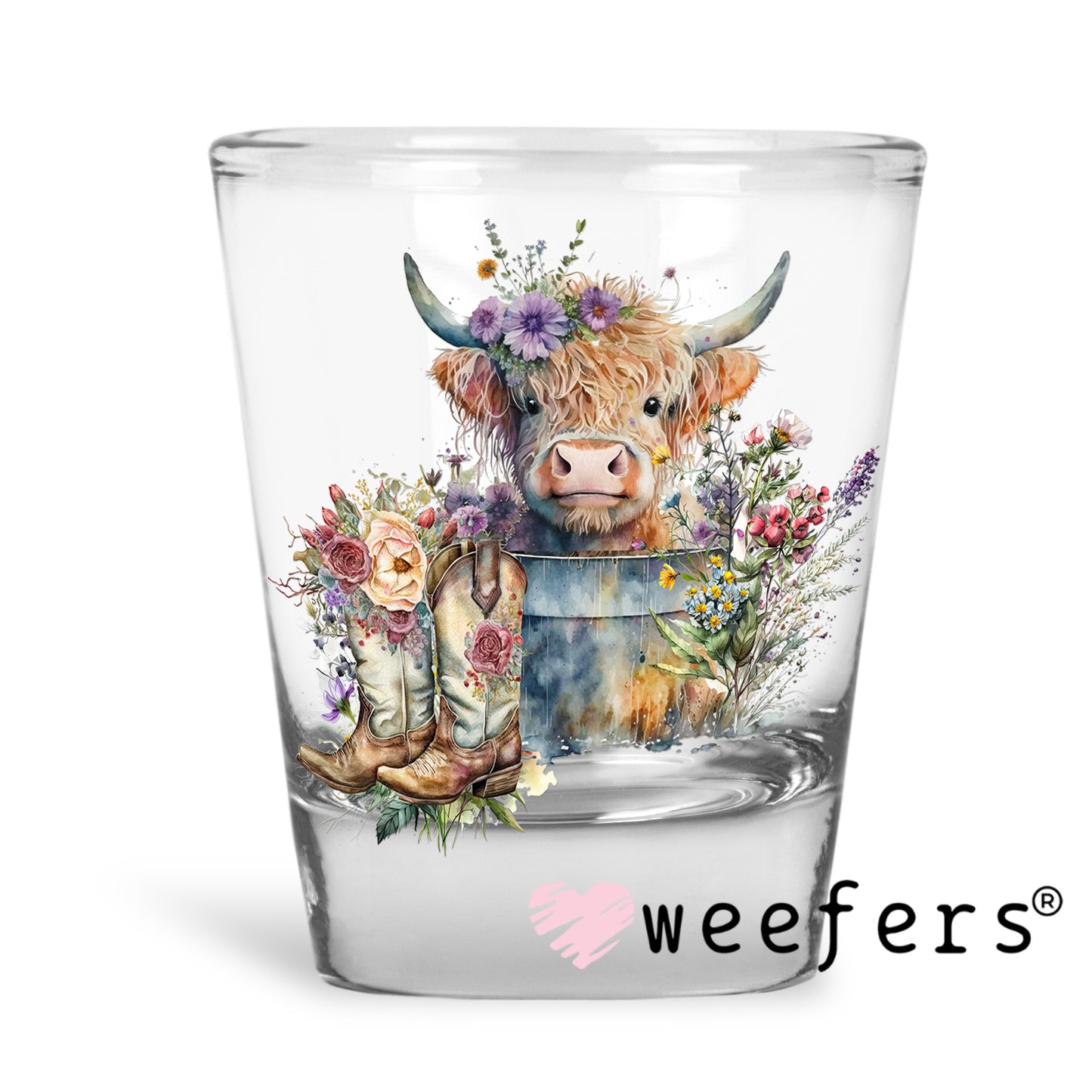 Baby Highlander Cow in Bucket UV DTF Decal Shot Glass Heavy Base Weefers