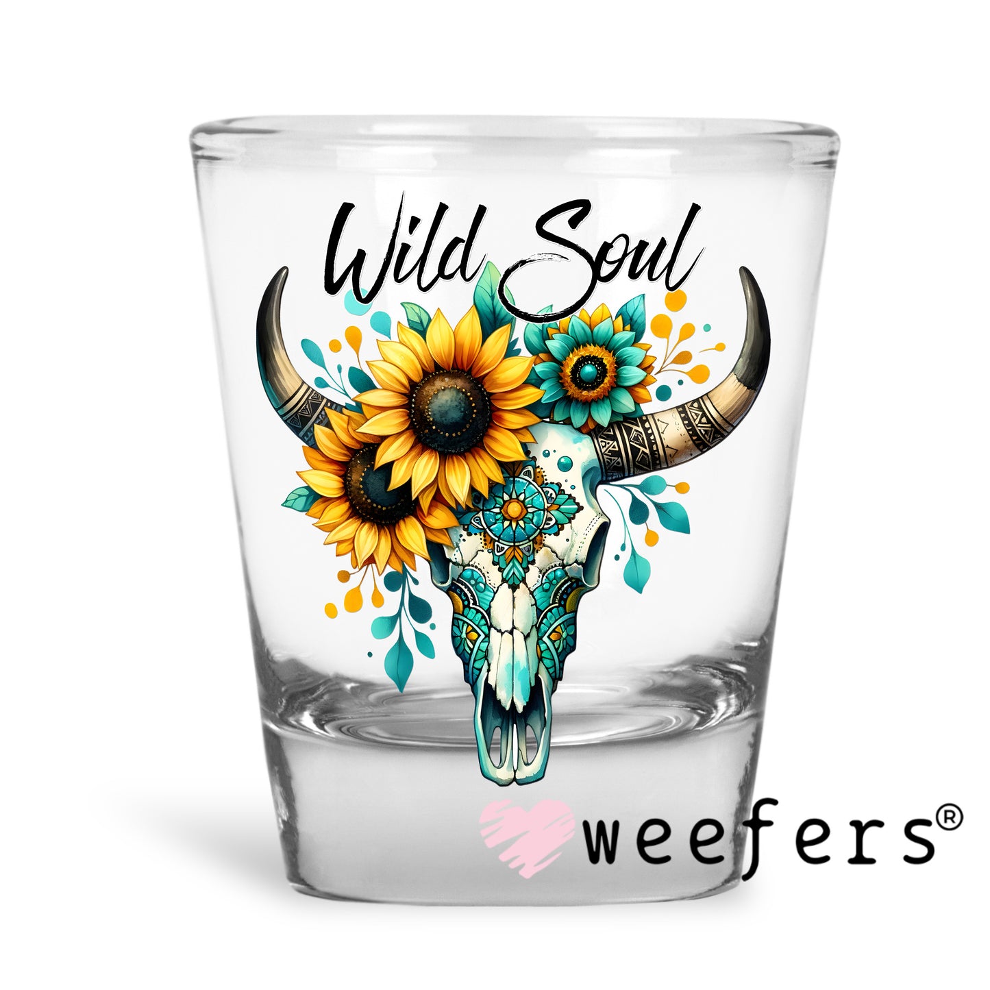 Wild Soul Teal Sunflower Cow Skull UV DTF Decal Shot Glass Heavy Base Weefers