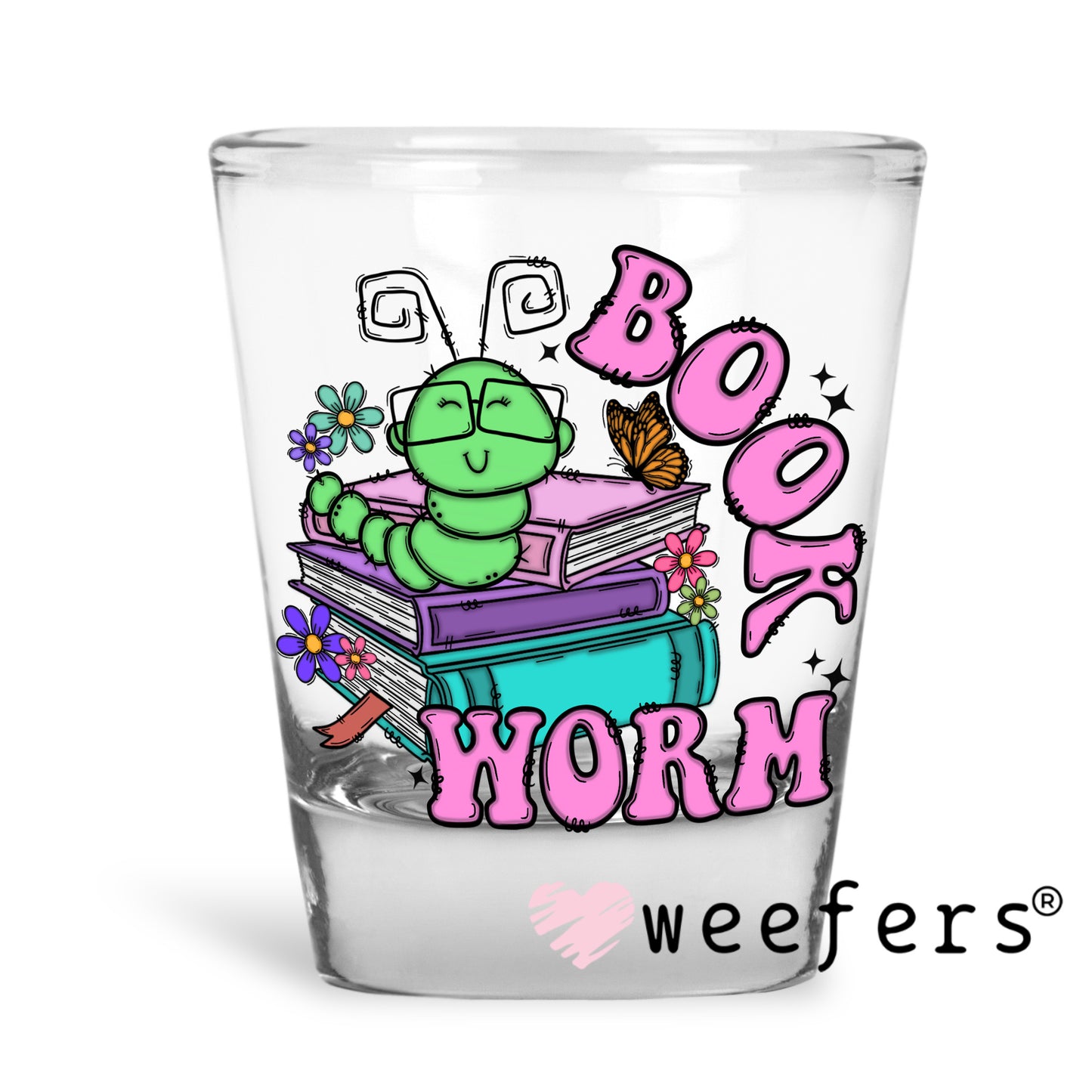 Bookworm Green Purple UV DTF Decal Shot Glass Heavy Base Weefers