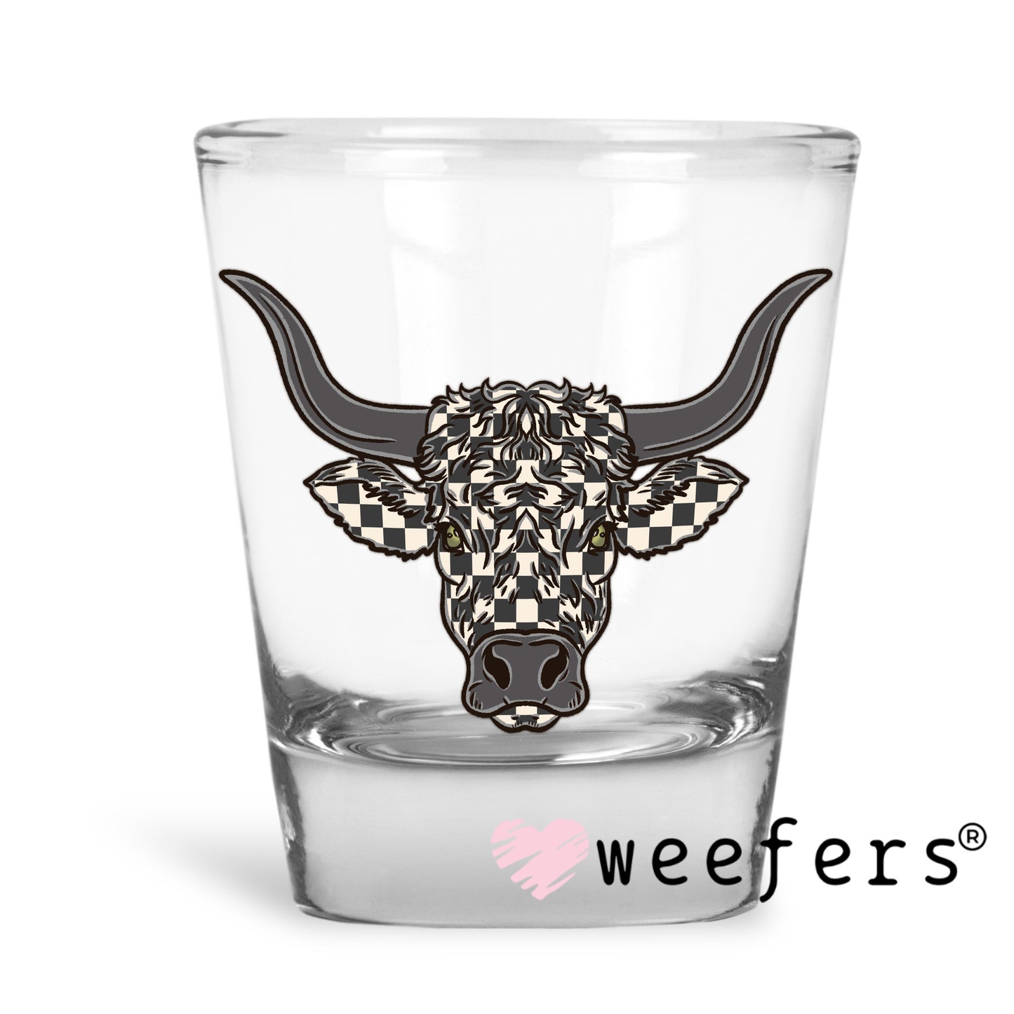 Grey Checkered Bull Face UV DTF Decal Shot Glass Heavy Base Weefers