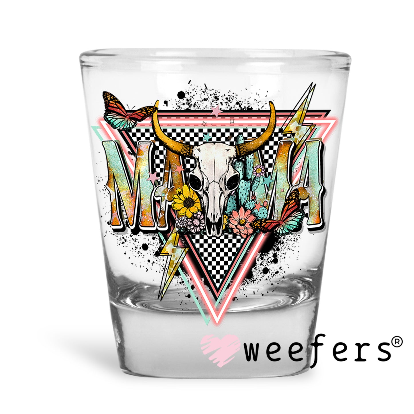 Mama Pink Teal Western Cow Skull UV DTF Decal Shot Glass Heavy Base Weefers