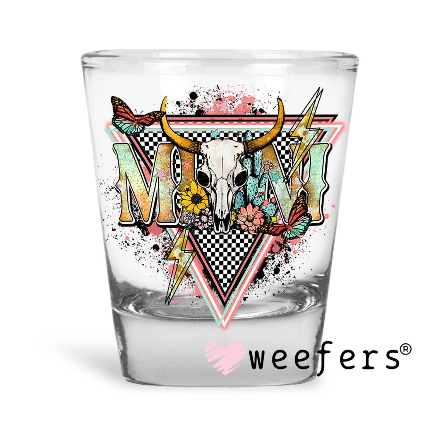 Mini Pink Teal Western Cow Skull UV DTF Decal Shot Glass Heavy Base Weefers