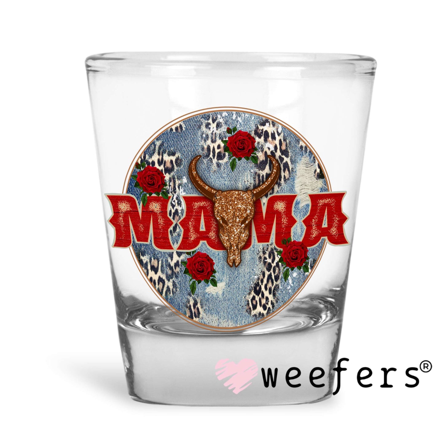 Red Mama Denim Round UV DTF Decal Shot Glass Heavy Base Weefers