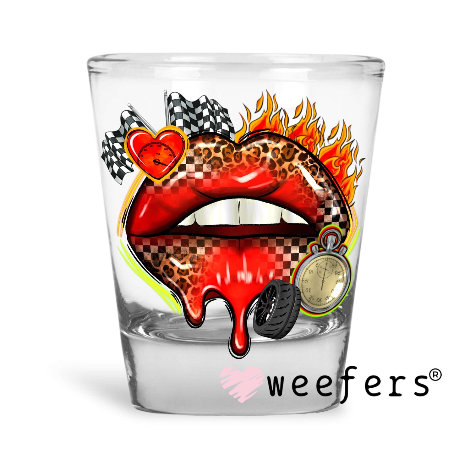 Race Day Red Lips UV DTF Decal Shot Glass Heavy Base Weefers