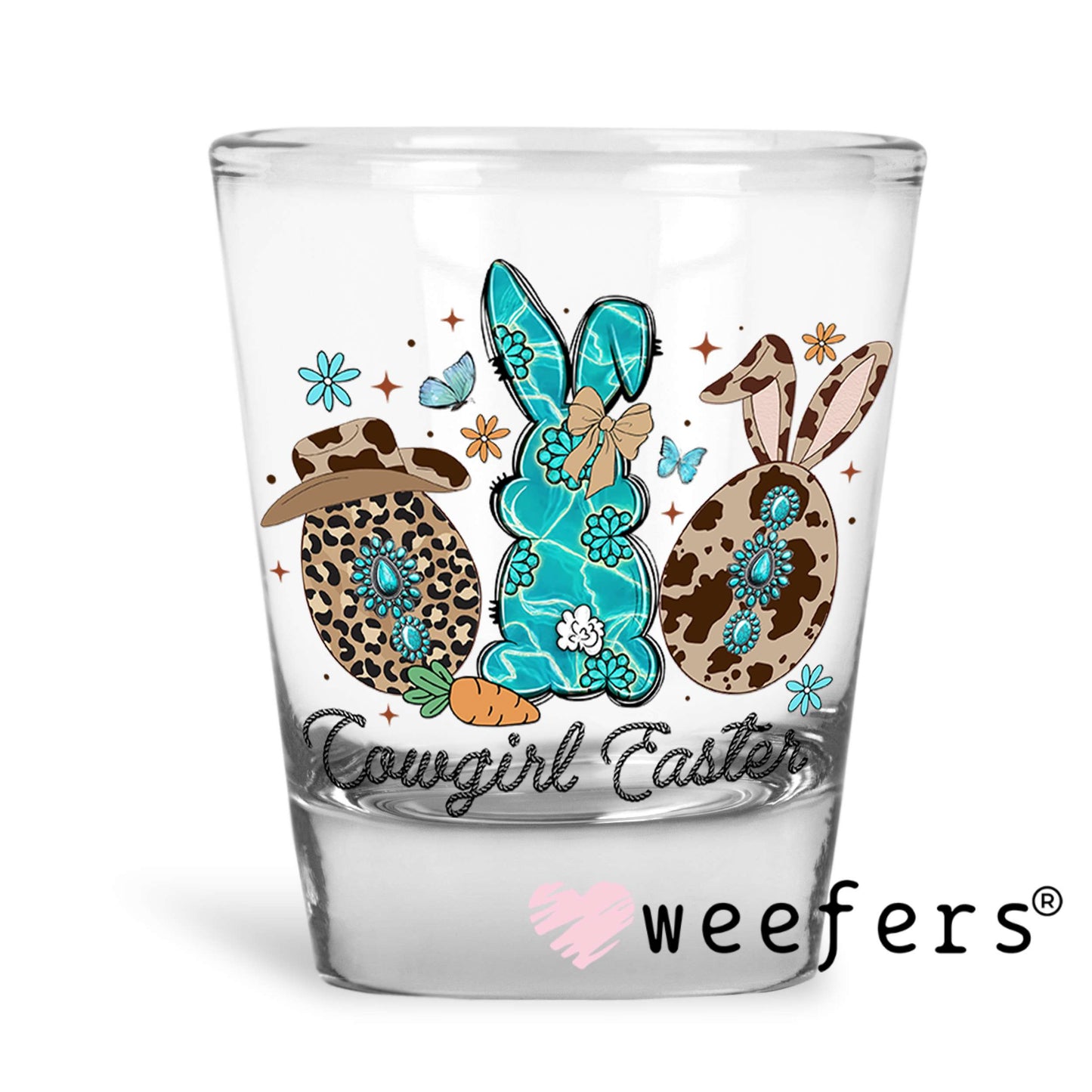 Cowgirl Easter Bunnies UV DTF Decal Shot Glass Heavy Base Weefers