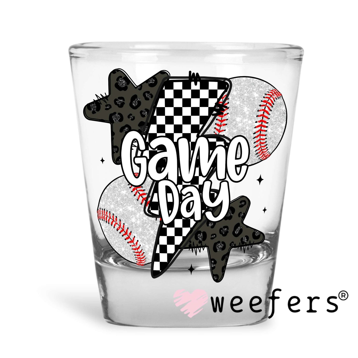Game Day Baseball Black Checkered Lightening Bolts UV DTF Decal Shot Glass Heavy Base Weefers