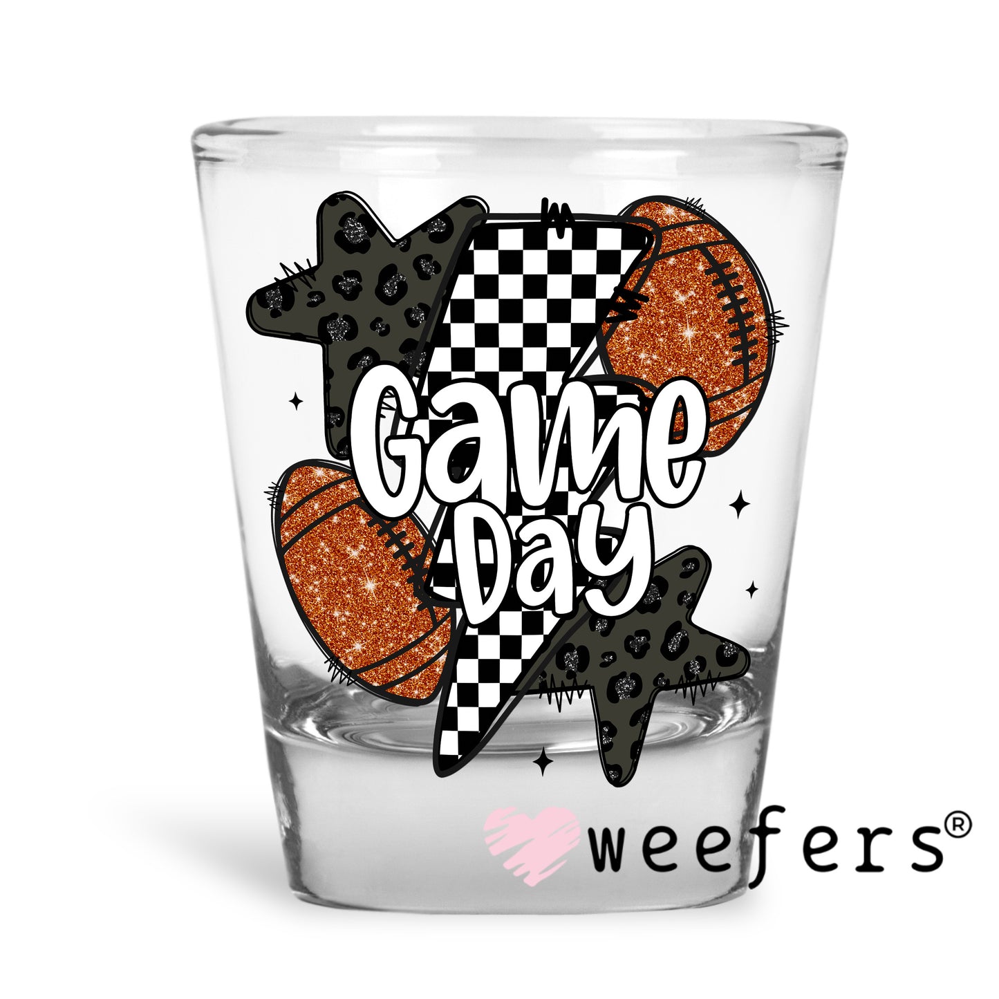 Game Day Football Black Checkered Lightening Bolts UV DTF Decal Shot Glass Heavy Base Weefers