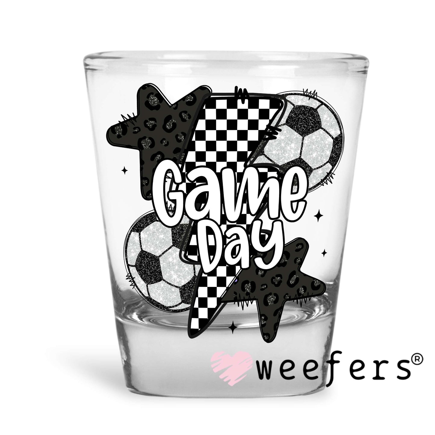 Game Day Soccer Black Checkered Lightening Bolts UV DTF Decal Shot Glass Heavy Base Weefers