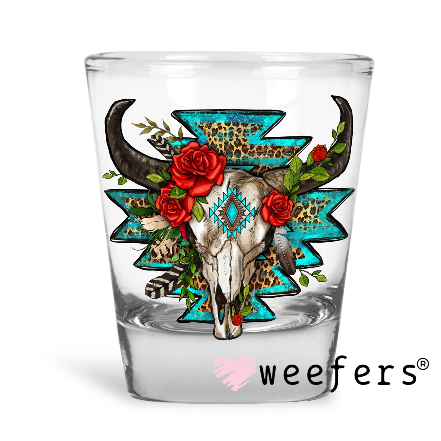 Teal and Red Cow Skull UV DTF Decal Shot Glass Heavy Base Weefers