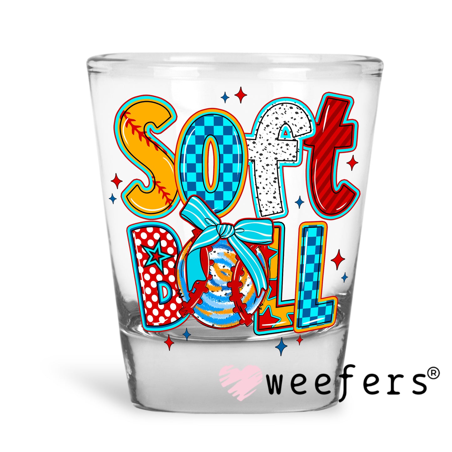 Softball Red Yellow Blue UV DTF Decal Shot Glass Heavy Base Weefers