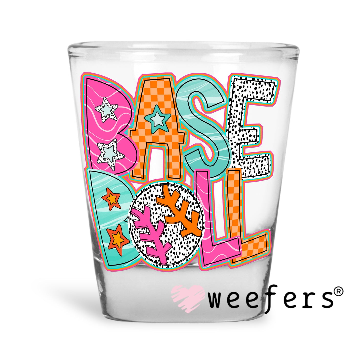 Baseball Orange Pink Teal UV DTF Decal Shot Glass Heavy Base Weefers