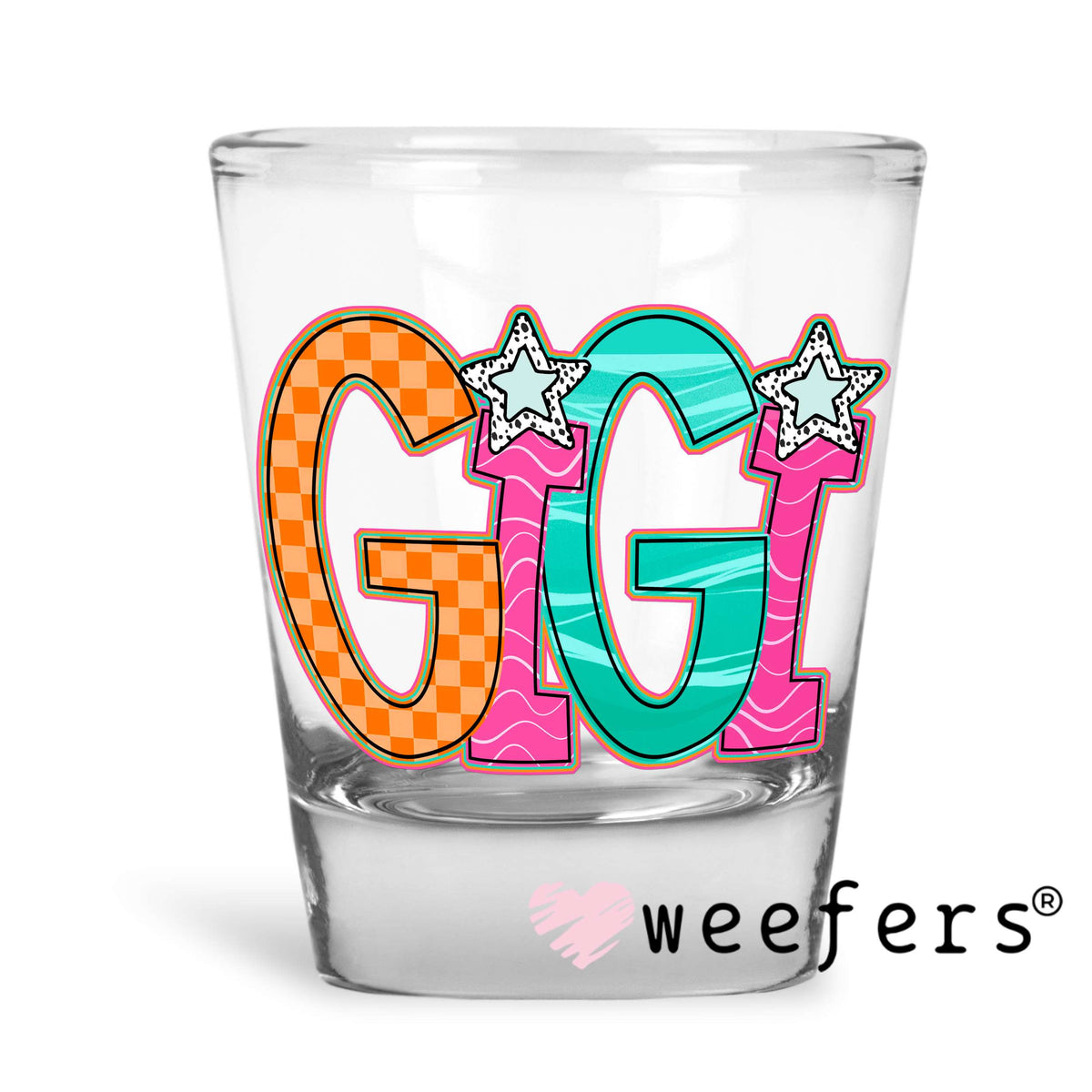 Gigi Orange Pink Teal UV DTF Decal Shot Glass Heavy Base Weefers