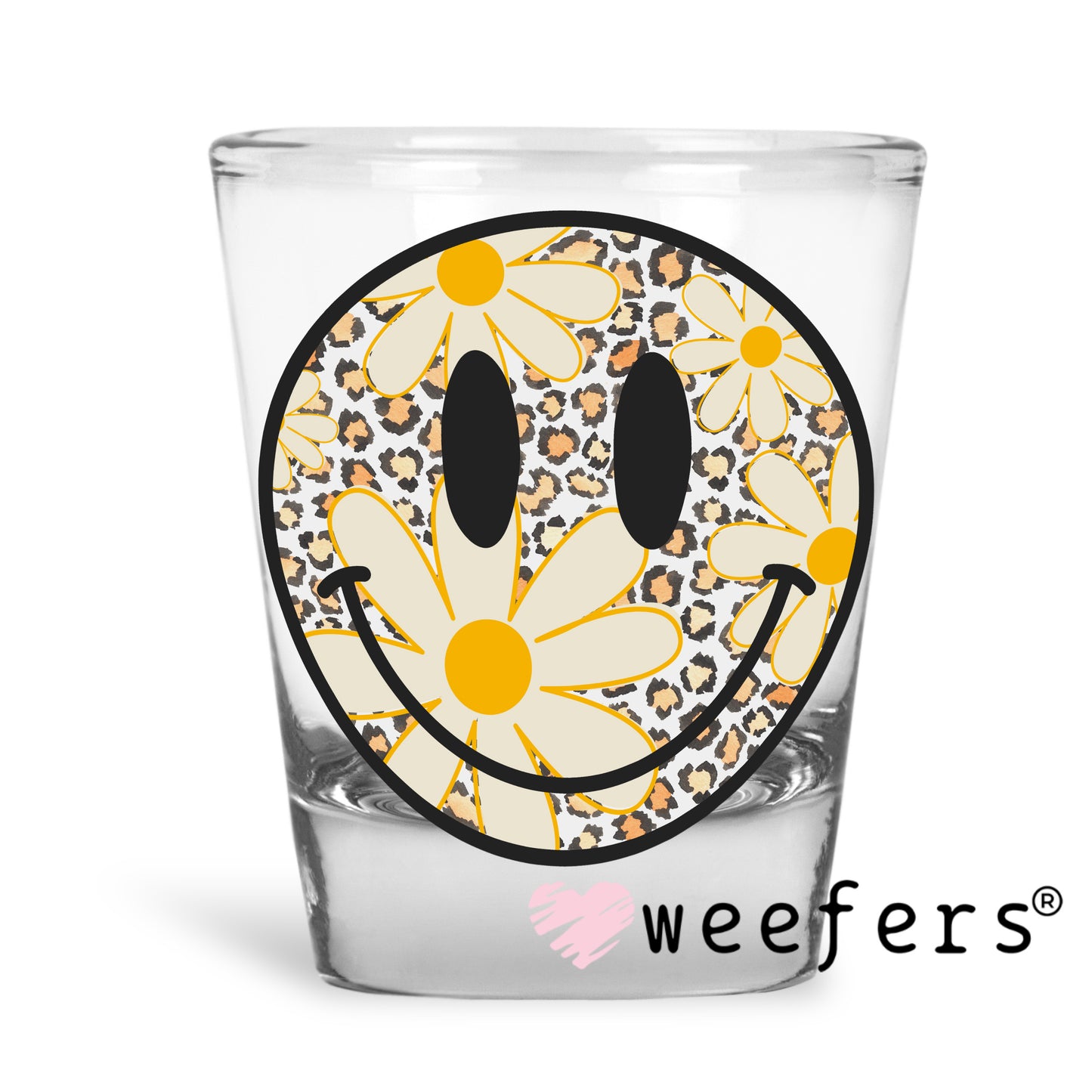 Yellow Flowers Leopard Smile Face UV DTF Decal Shot Glass Heavy Base Weefers