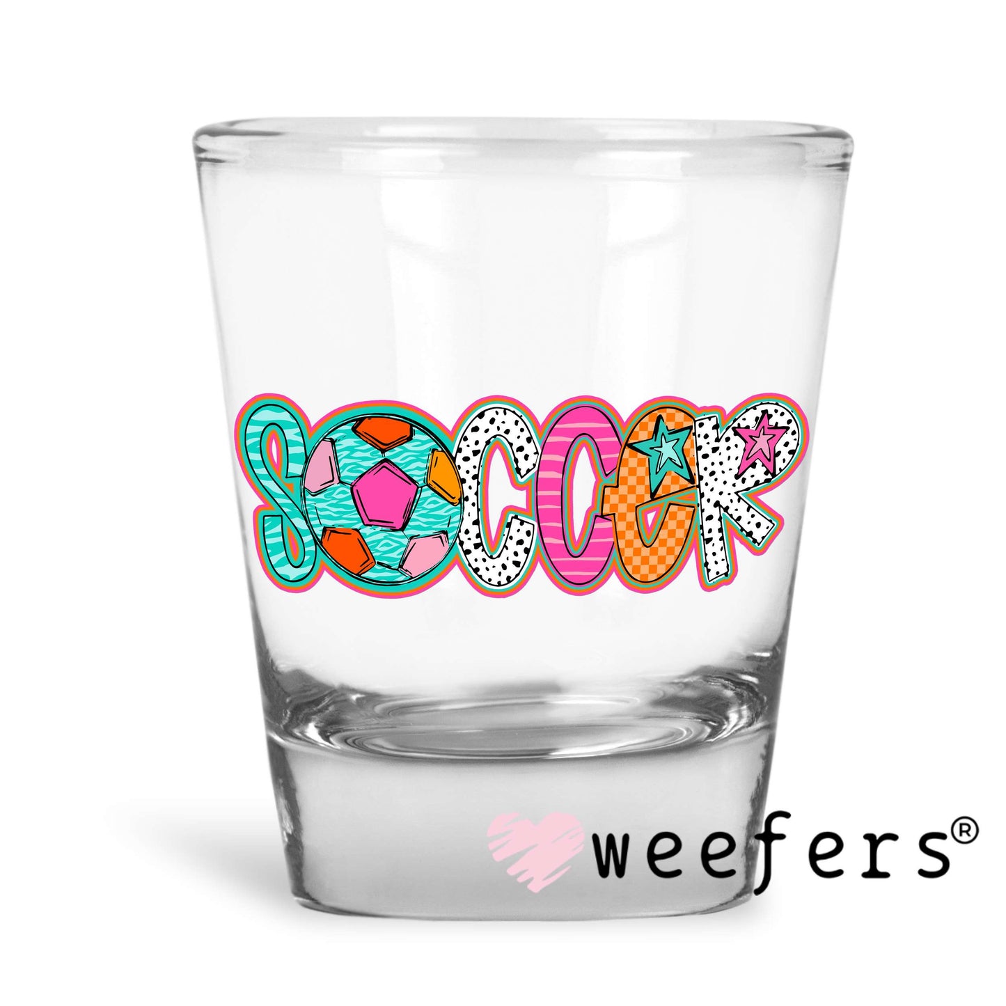 Soccer Orange Pink Teal UV DTF Decal Shot Glass Heavy Base Weefers