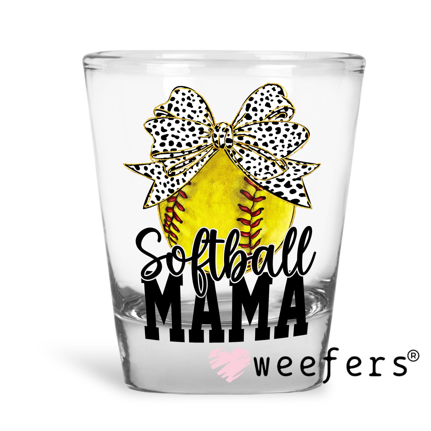 Softball Mama Dotted Bow UV DTF Decal Shot Glass Heavy Base Weefers