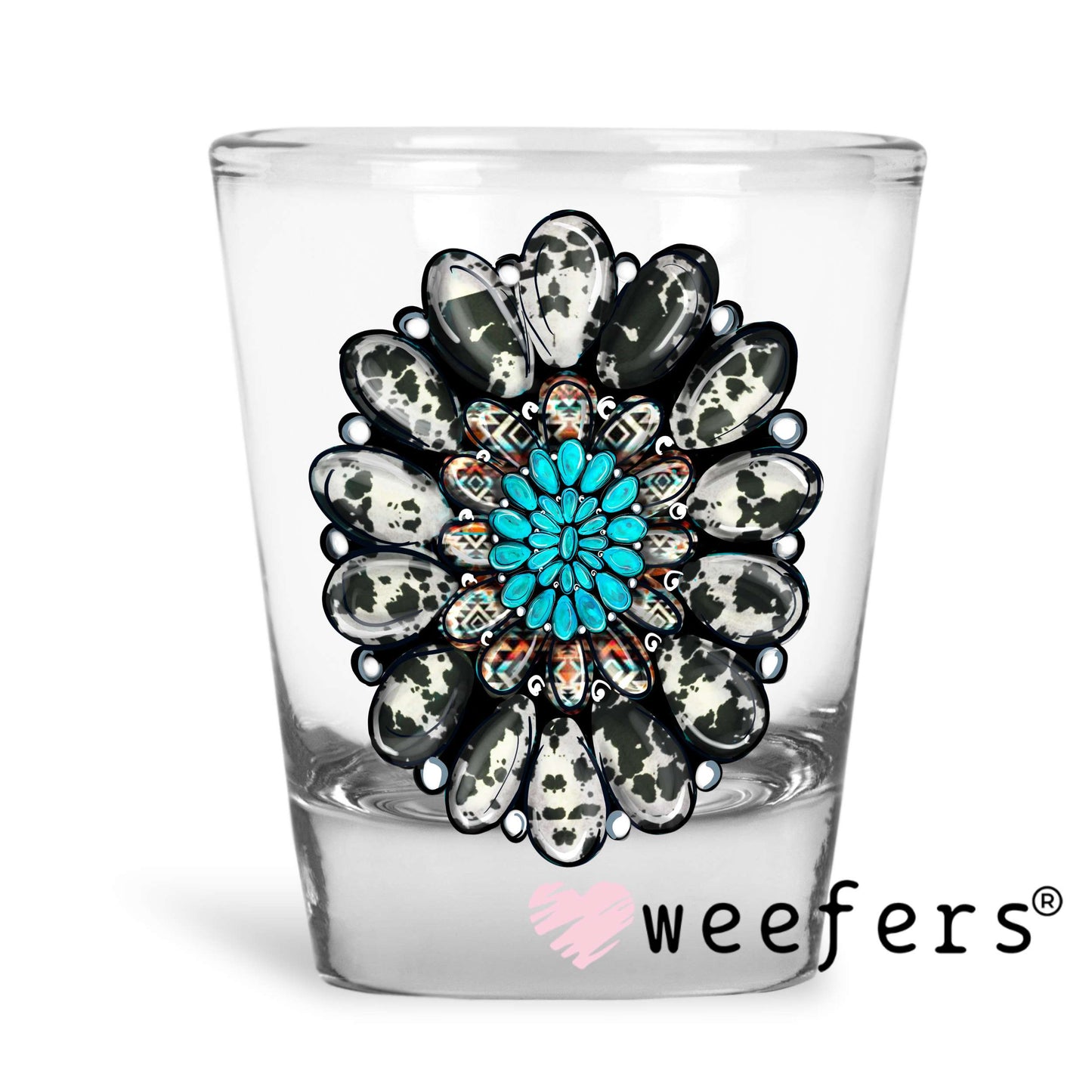 Black and White Dotted Turquoise Jewel UV DTF Decal Shot Glass Heavy Base Weefers