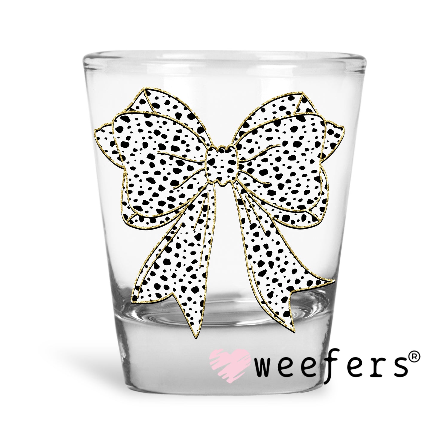 Black and White Dotted Bow Gold Outline Jewel UV DTF Decal Shot Glass Heavy Base Weefers