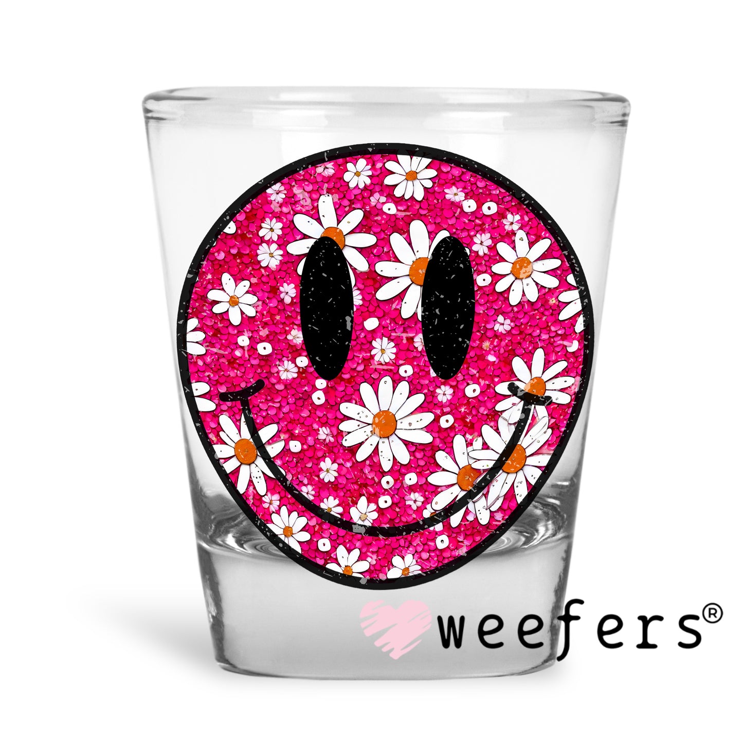 Pink Smile Face White Flowers UV DTF Decal Shot Glass Heavy Base Weefers