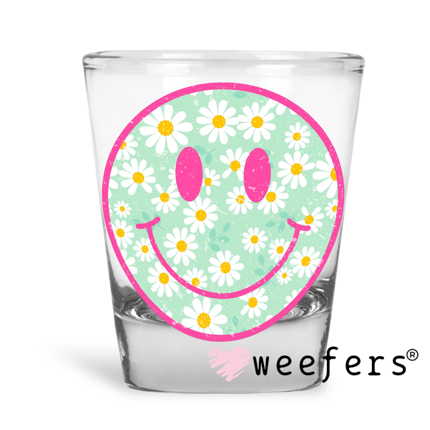 Mint Green Smile Face White Flowers Hot Pink Outline UV DTF Decal Shot Glass Heavy Base Weefers