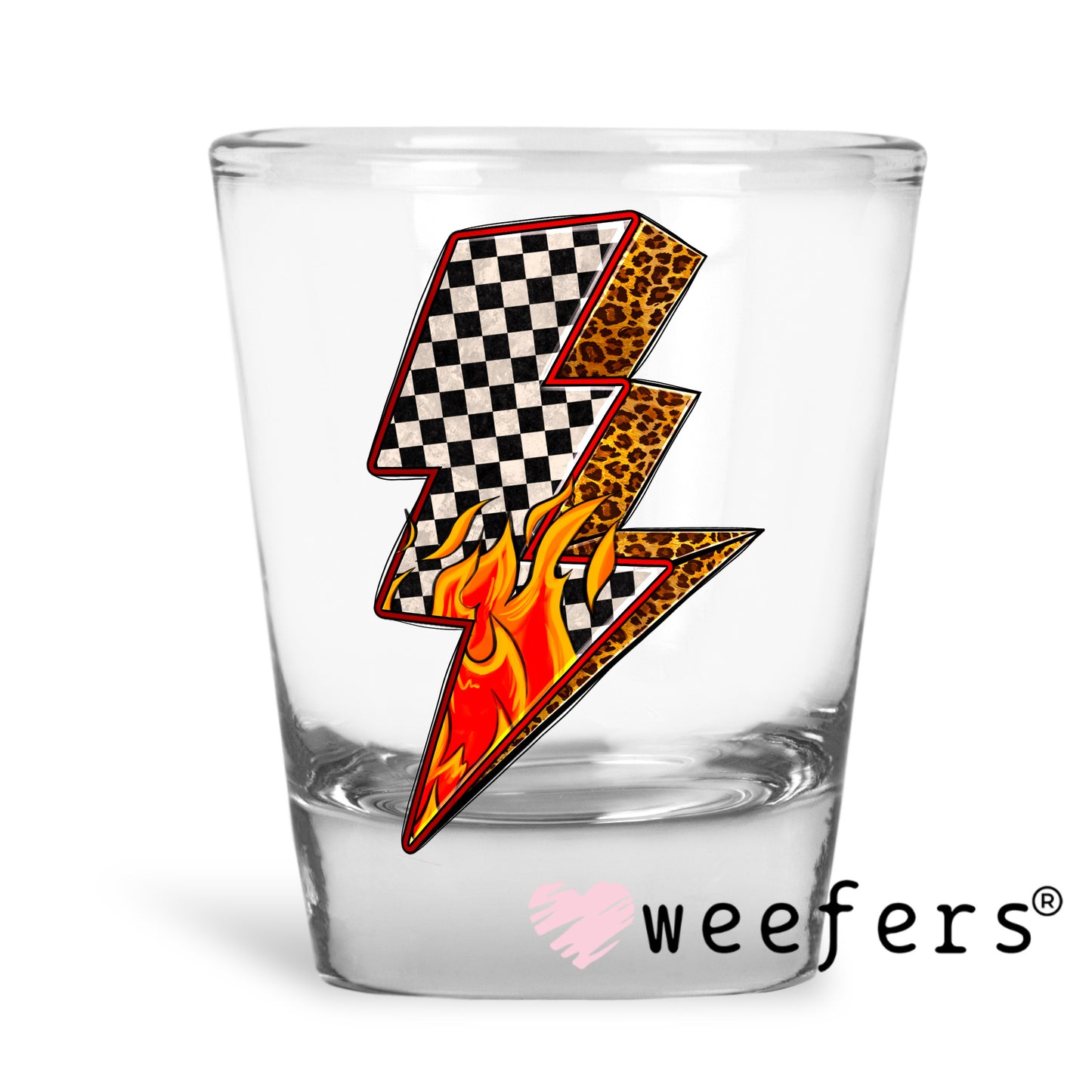 Lightening Bolt Flame Checkered UV DTF Decal Shot Glass Heavy Base Weefers
