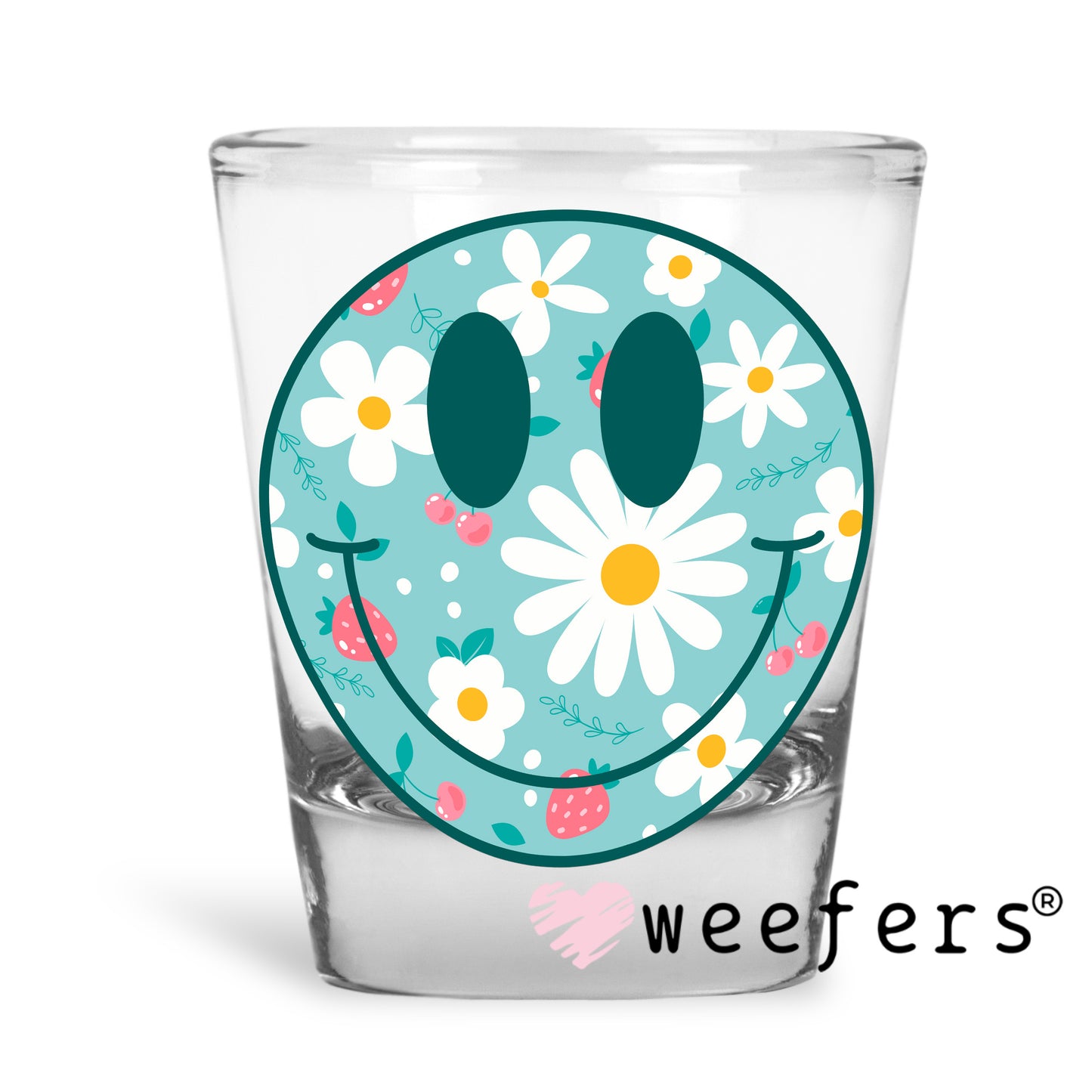 Blue Smile Face White Flowers UV DTF Decal Shot Glass Heavy Base Weefers
