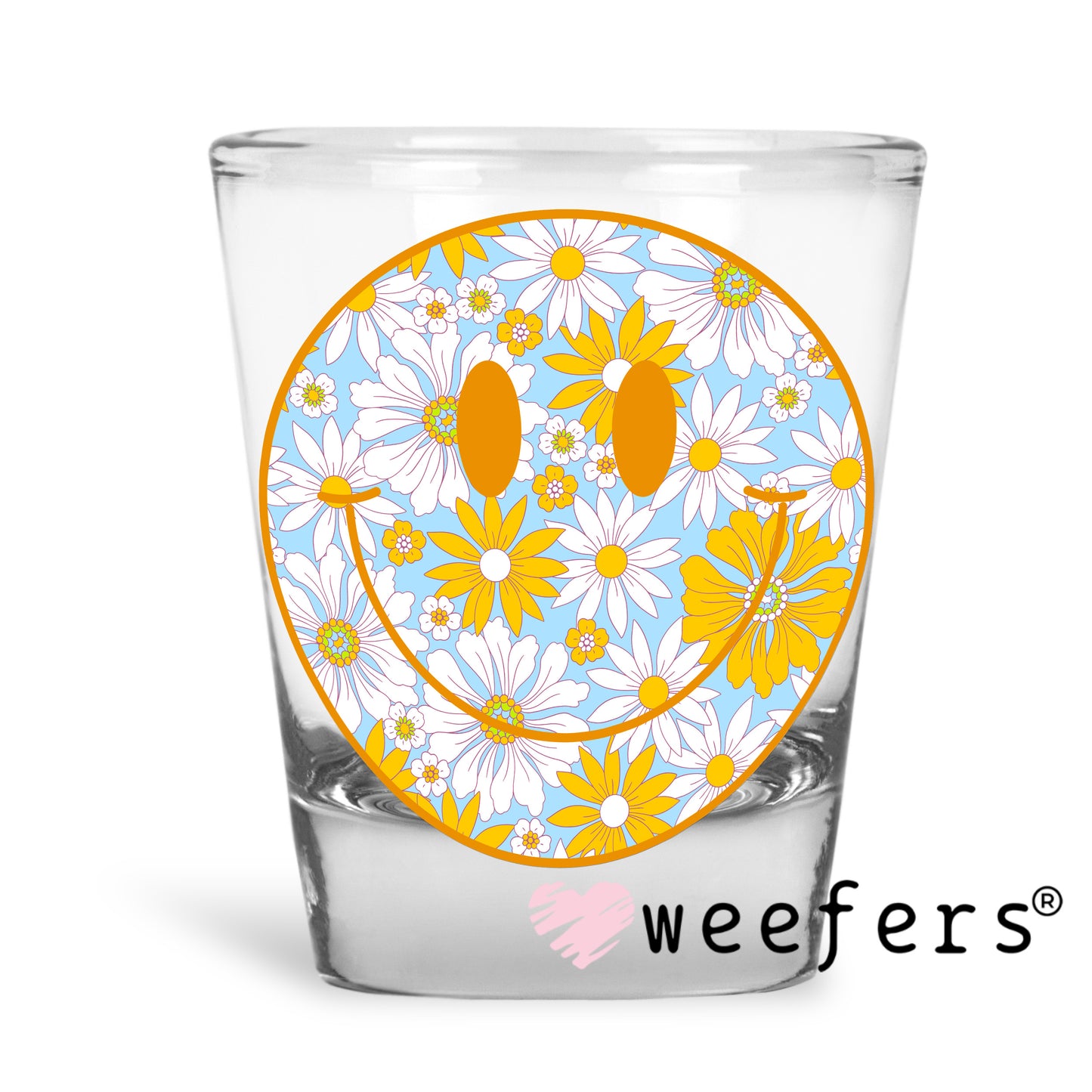 Blue Yellow Floral Smile Face UV DTF Decal Shot Glass Heavy Base Weefers