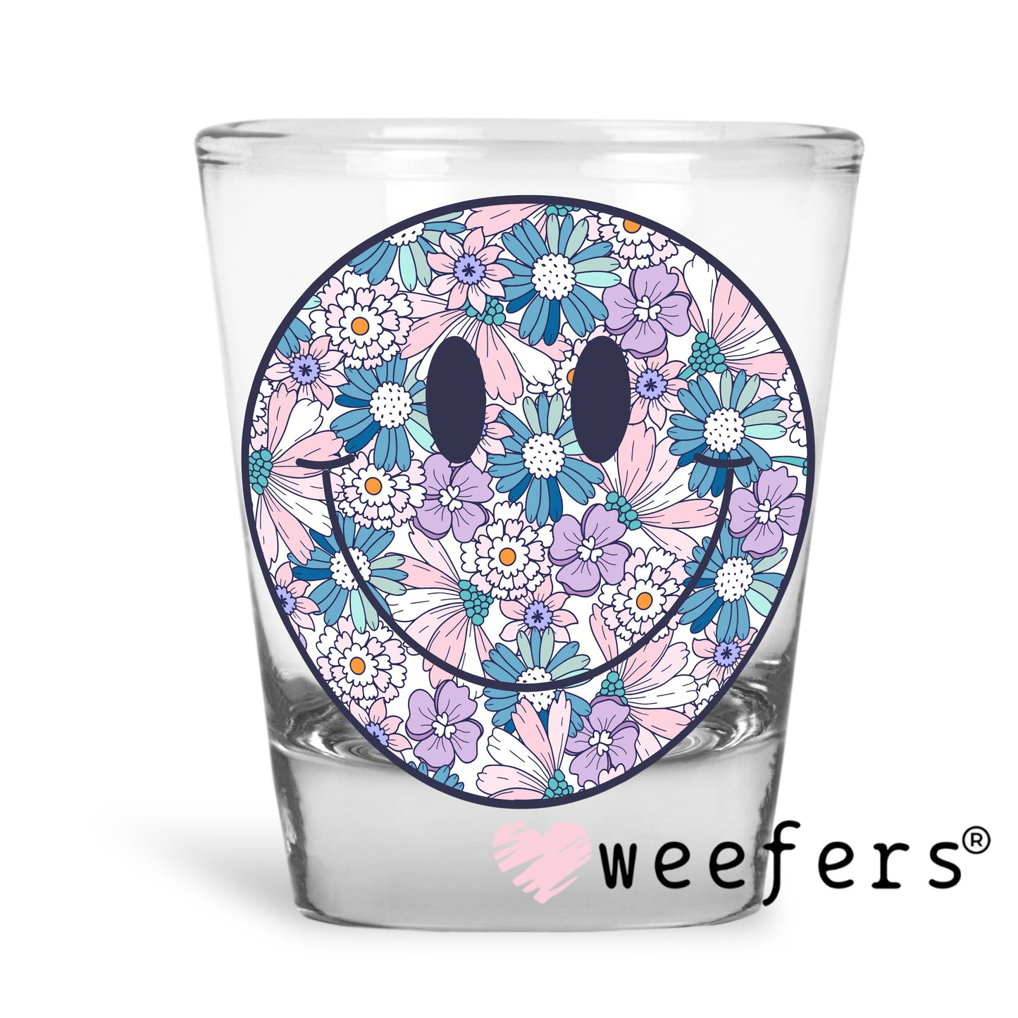 Blue Purple Floral Smile Face UV DTF Decal Shot Glass Heavy Base Weefers