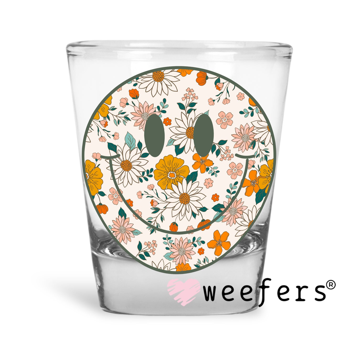 Green Orange Floral Smile Face UV DTF Decal Shot Glass Heavy Base Weefers