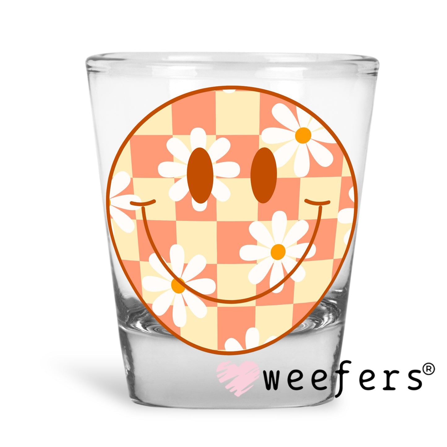 Yellow and Coral Checkered Flower Smile Face UV DTF Decal Shot Glass Heavy Base Weefers