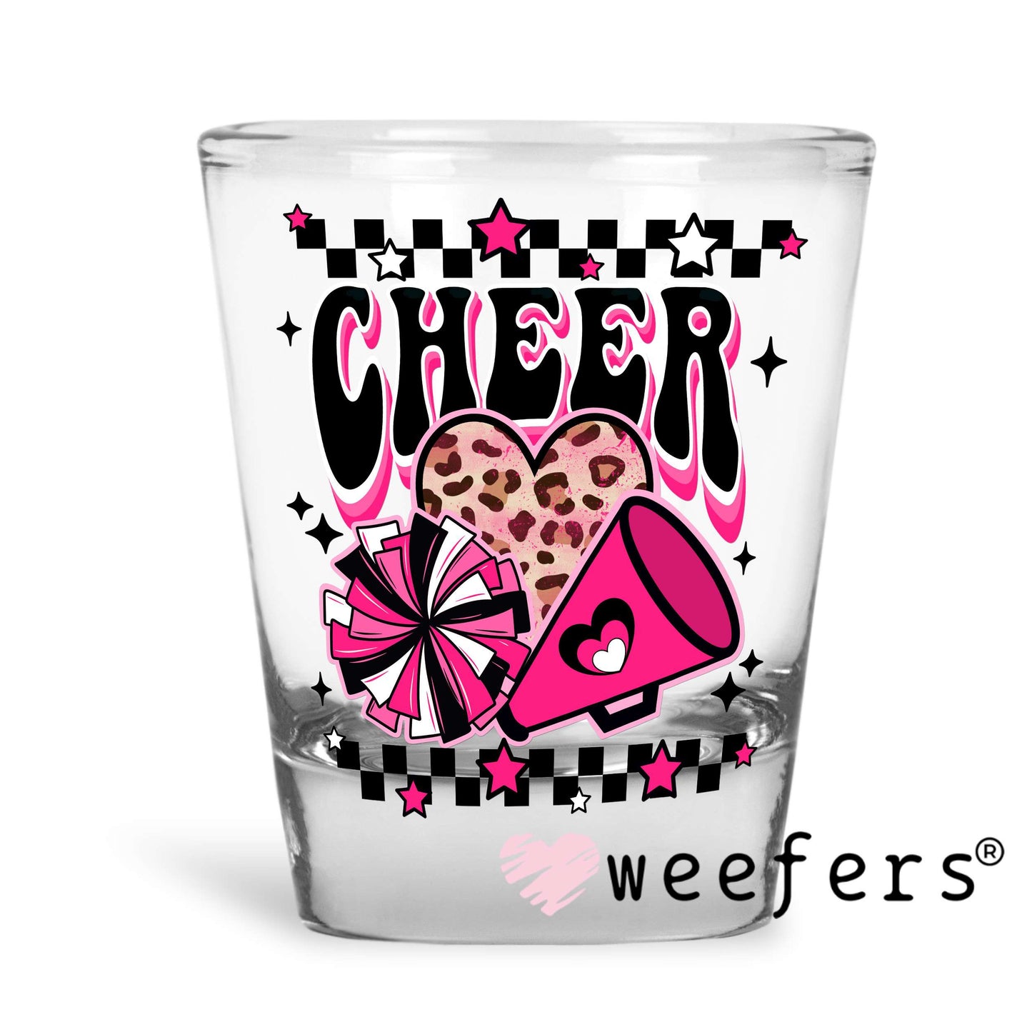 Pink Cheer UV DTF Decal Shot Glass Heavy Base Weefers