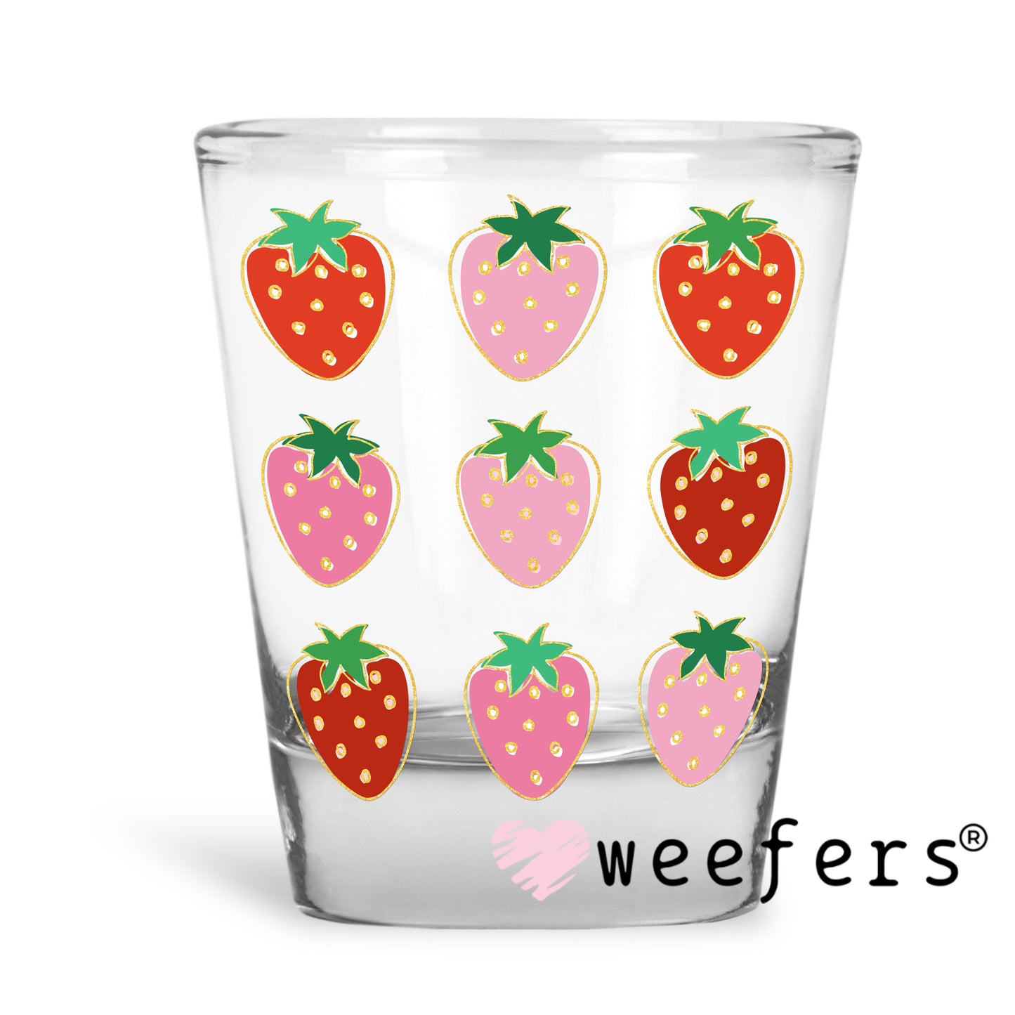 Pink and Red Strawberries UV DTF Decal Shot Glass Heavy Base Weefers