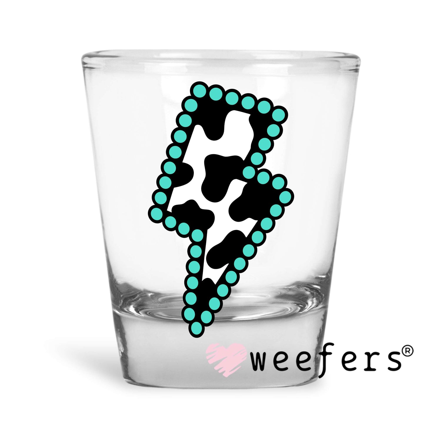 Cow Print Turquoise Lightening Bolt UV DTF Decal Shot Glass Heavy Base Weefers