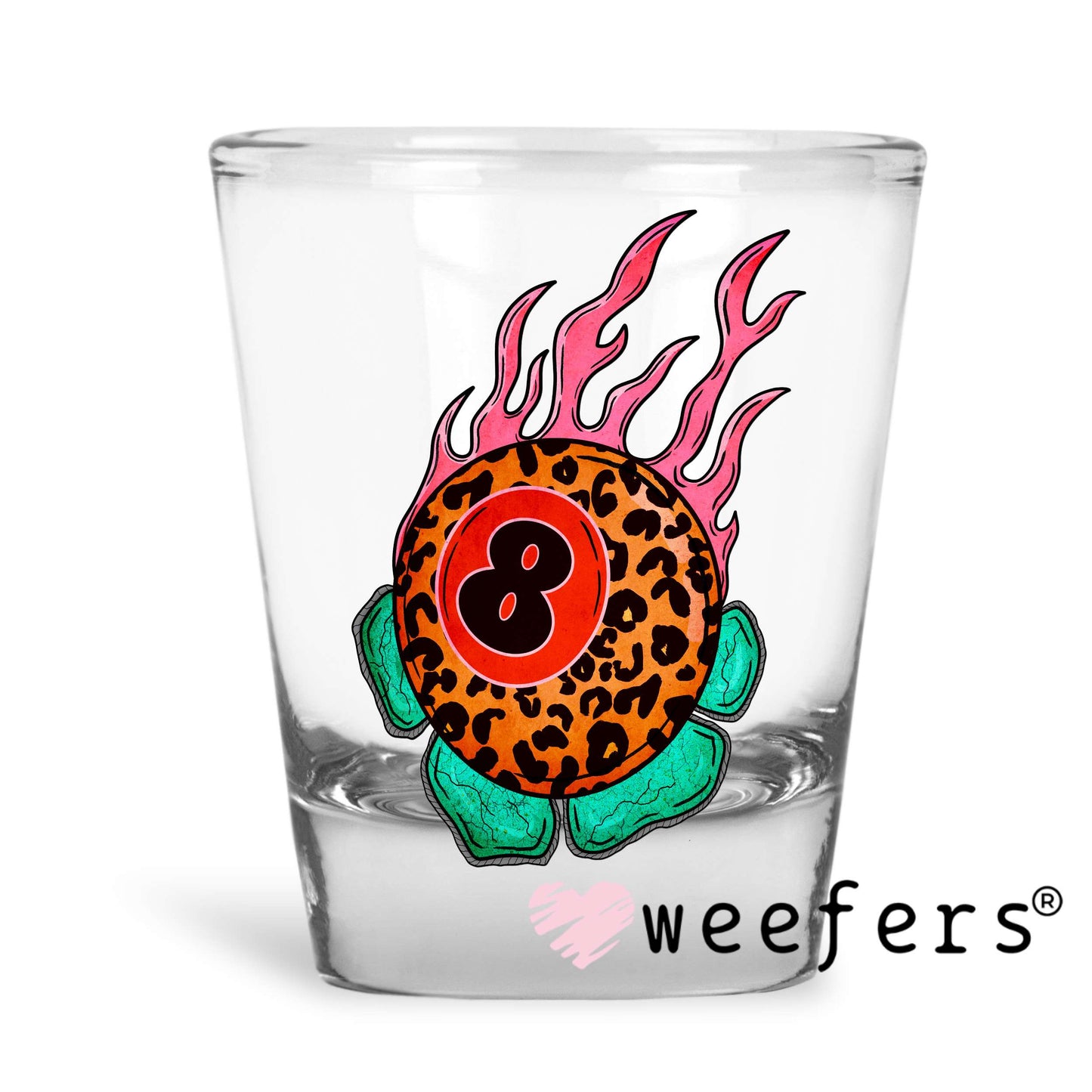 Fire Flame Turquoise Eight Ball UV DTF Decal Shot Glass Heavy Base Weefers