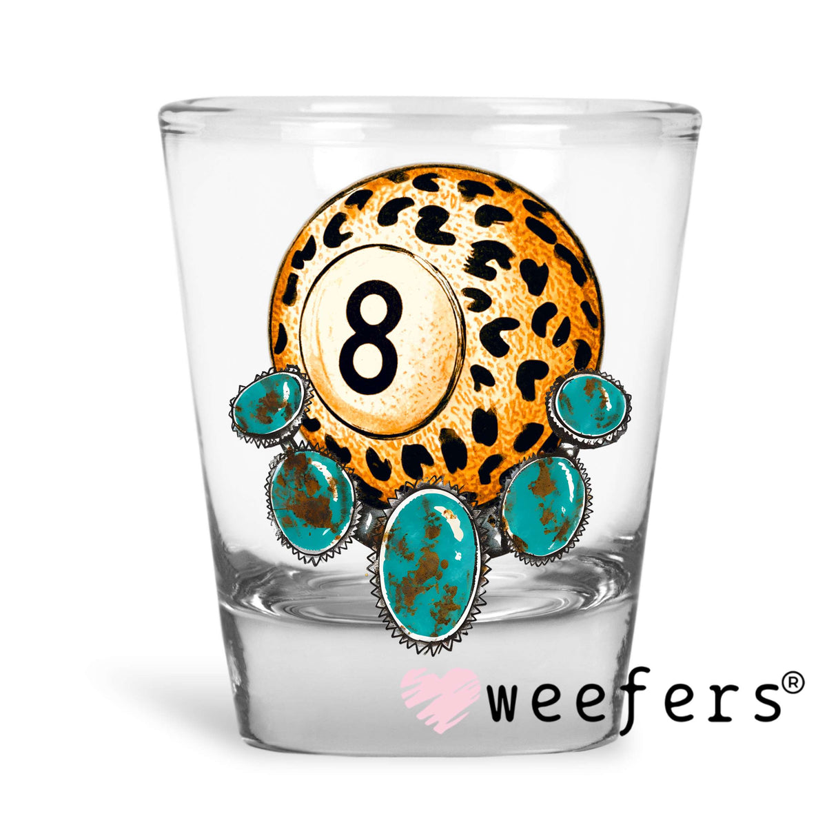 Leopard Eightball Turquoise UV DTF Decal Shot Glass Heavy Base Weefers