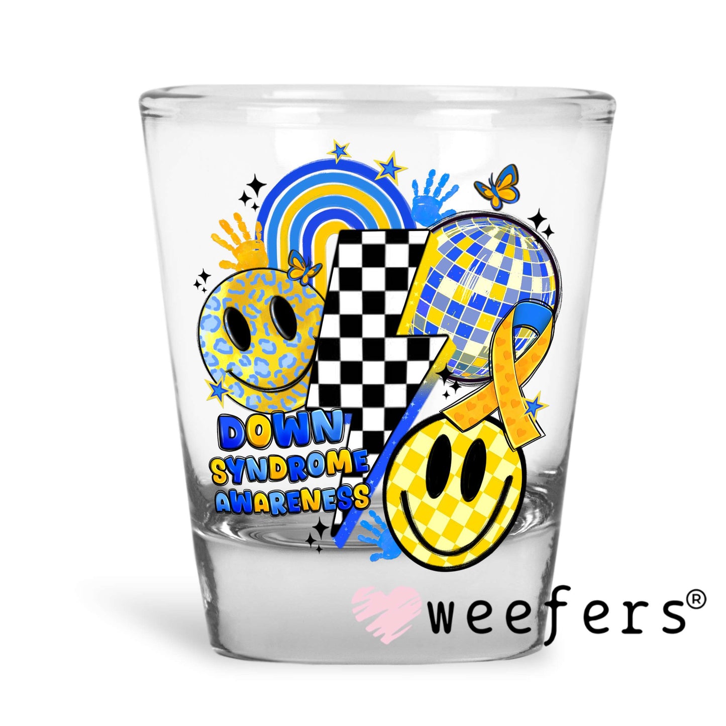 Retro Down Syndrome Lightening Bolt UV DTF Decal Shot Glass Heavy Base Weefers