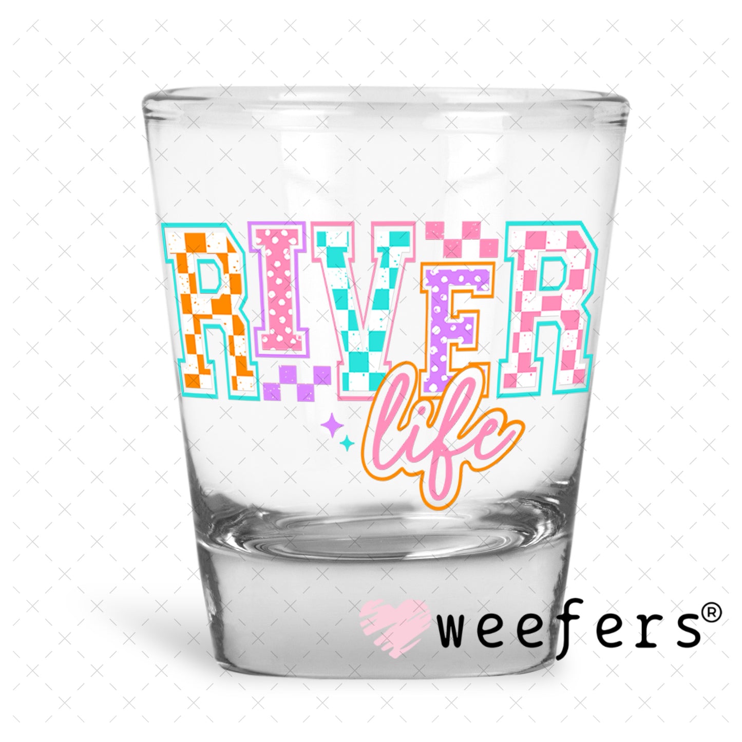 River Life Checkers and Polka Dots UV DTF Decal Shot Glass Heavy Base Weefers