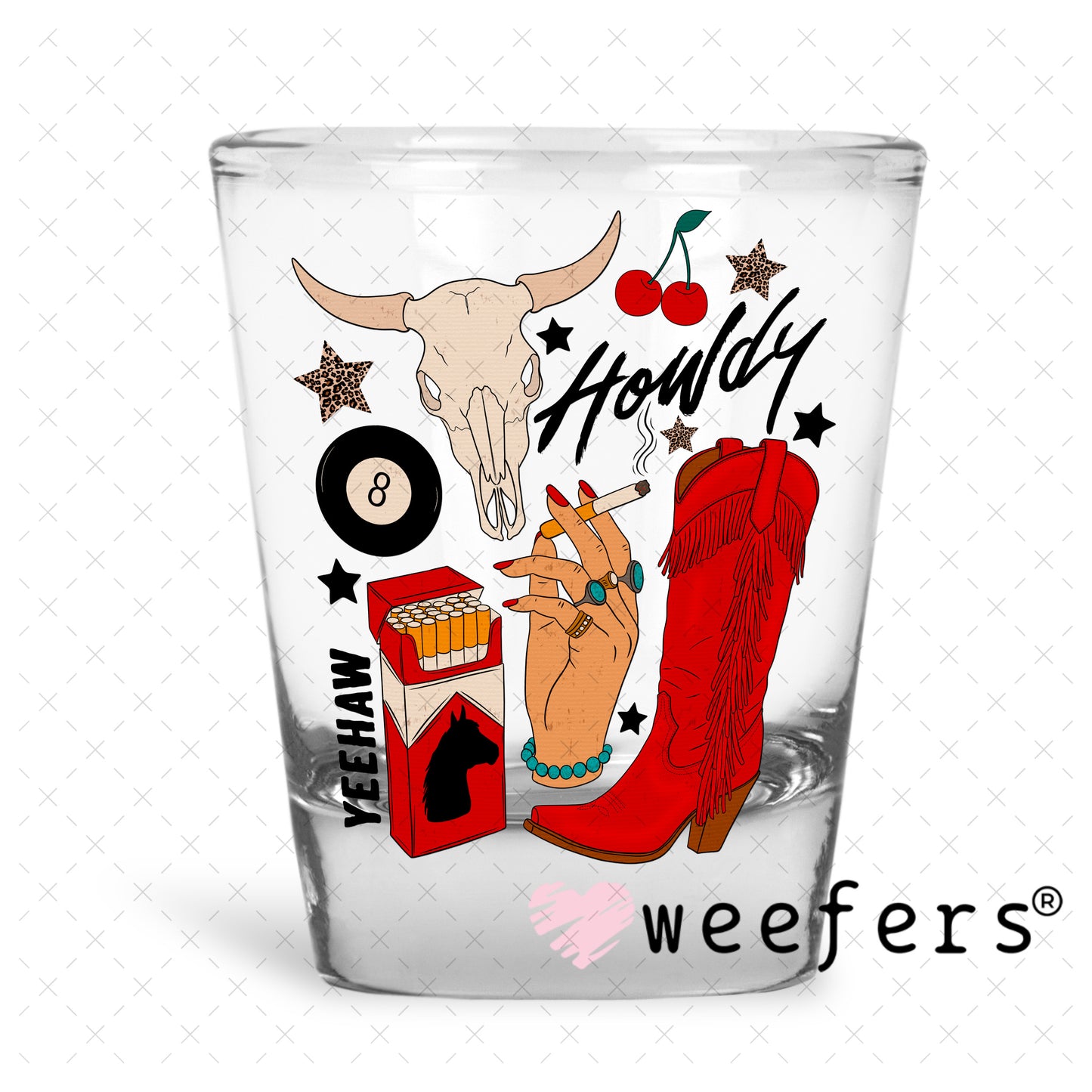 Howdy Red Boots UV DTF Decal Shot Glass Heavy Base Weefers
