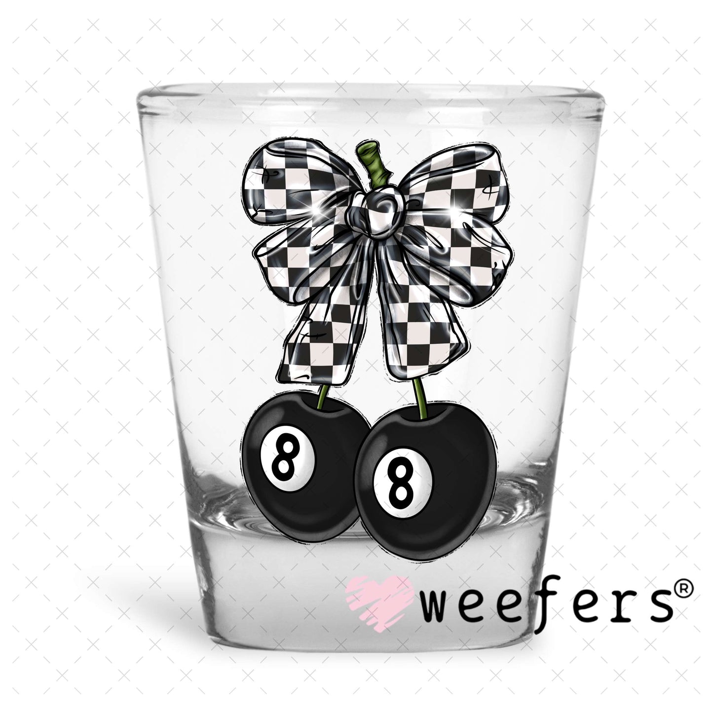 Black and White Checkered Bow Eightball UV DTF Decal Shot Glass Heavy Base Weefers
