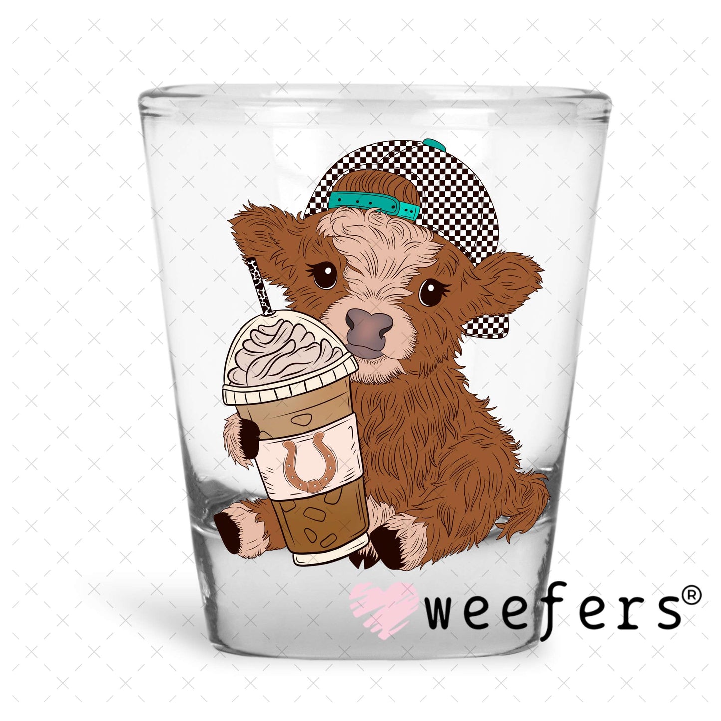 Baby Highlander Cow Coffee Checkered Black Cap UV DTF Decal Shot Glass Heavy Base Weefers