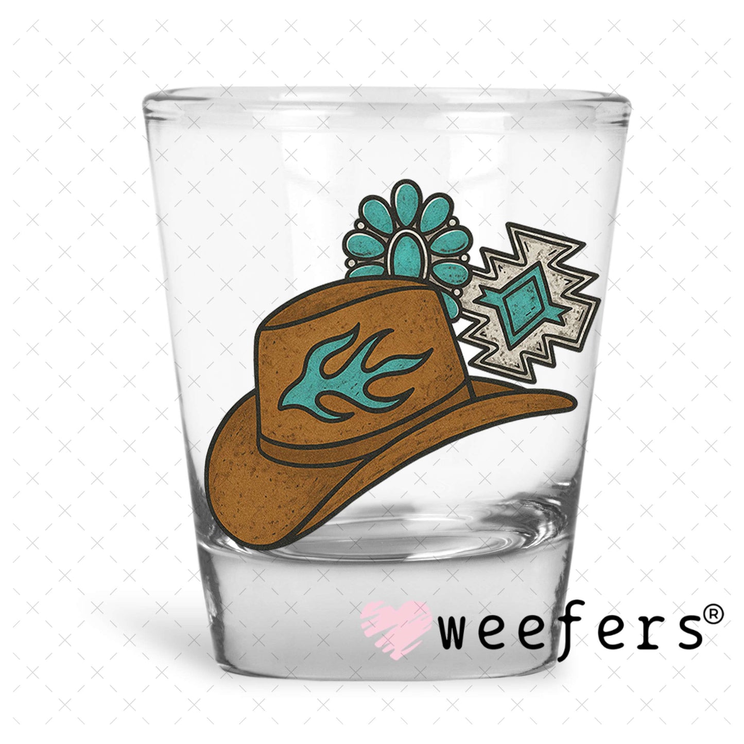 Western Brown Hat and Turquoise Jewels UV DTF Decal Shot Glass Heavy Base Weefers
