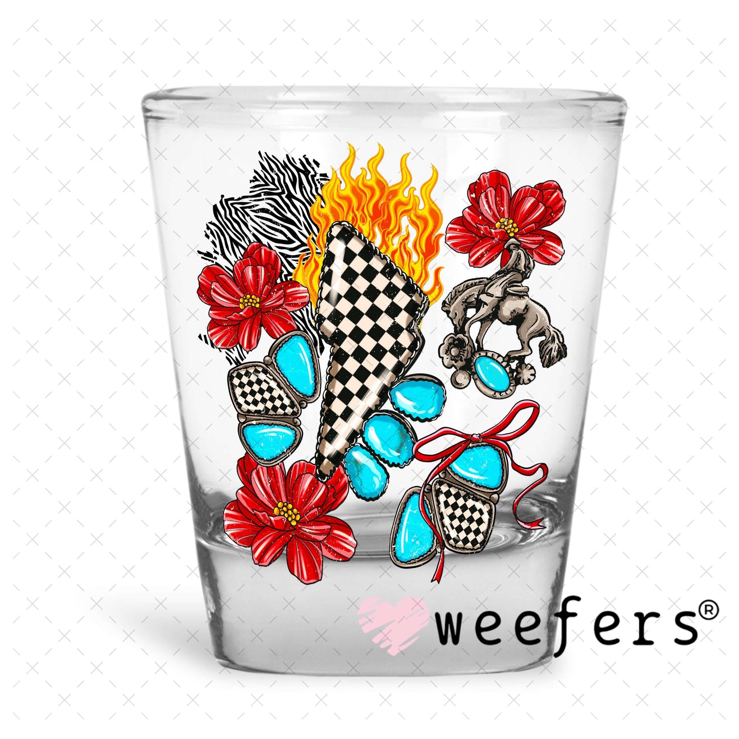Checkered Lightening Bolt Red Flowers UV DTF Decal Shot Glass Heavy Base Weefers