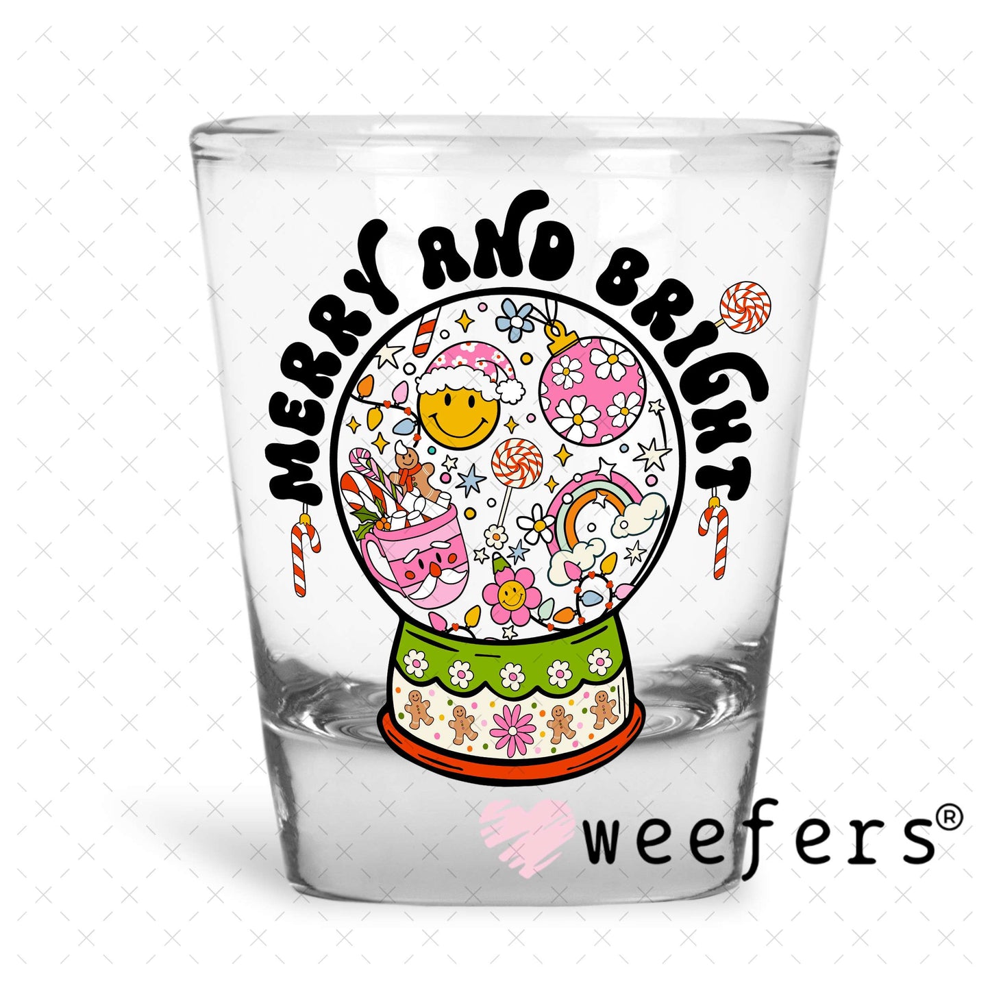 Merry and Bright Christmas Snow Globe UV DTF Decal Shot Glass Heavy Base Weefers