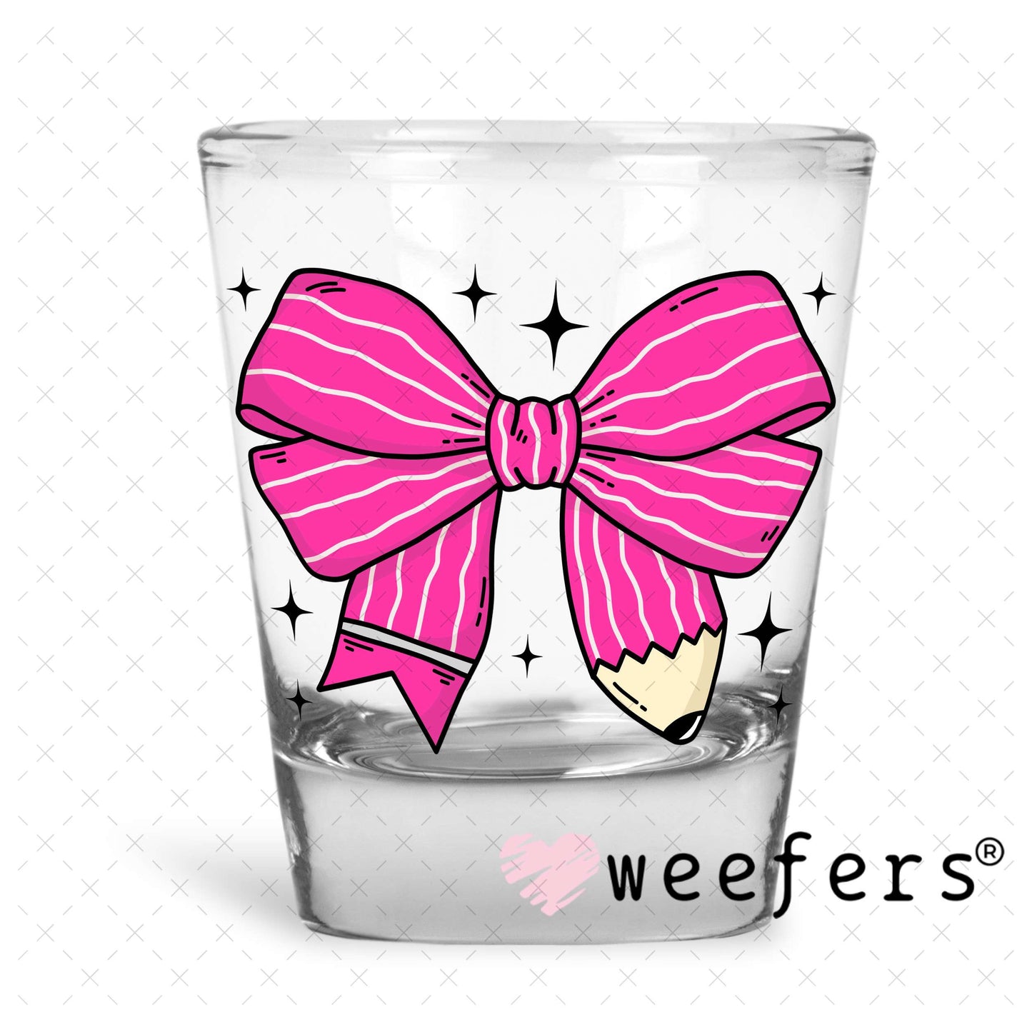 Pink Teacher Pencil Bow UV DTF Decal Shot Glass Heavy Base Weefers