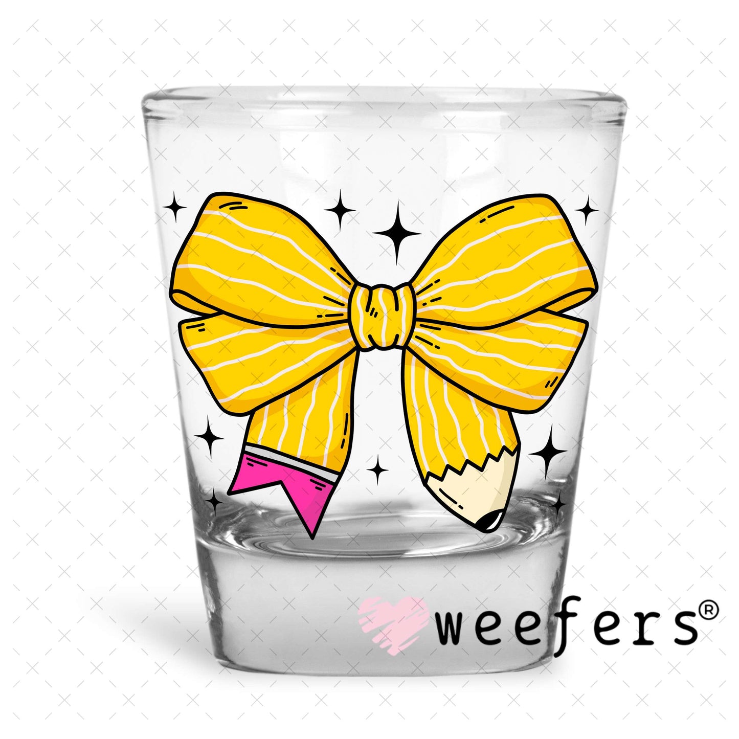 Yellow Teacher Pencil Bow UV DTF Decal Shot Glass Heavy Base Weefers