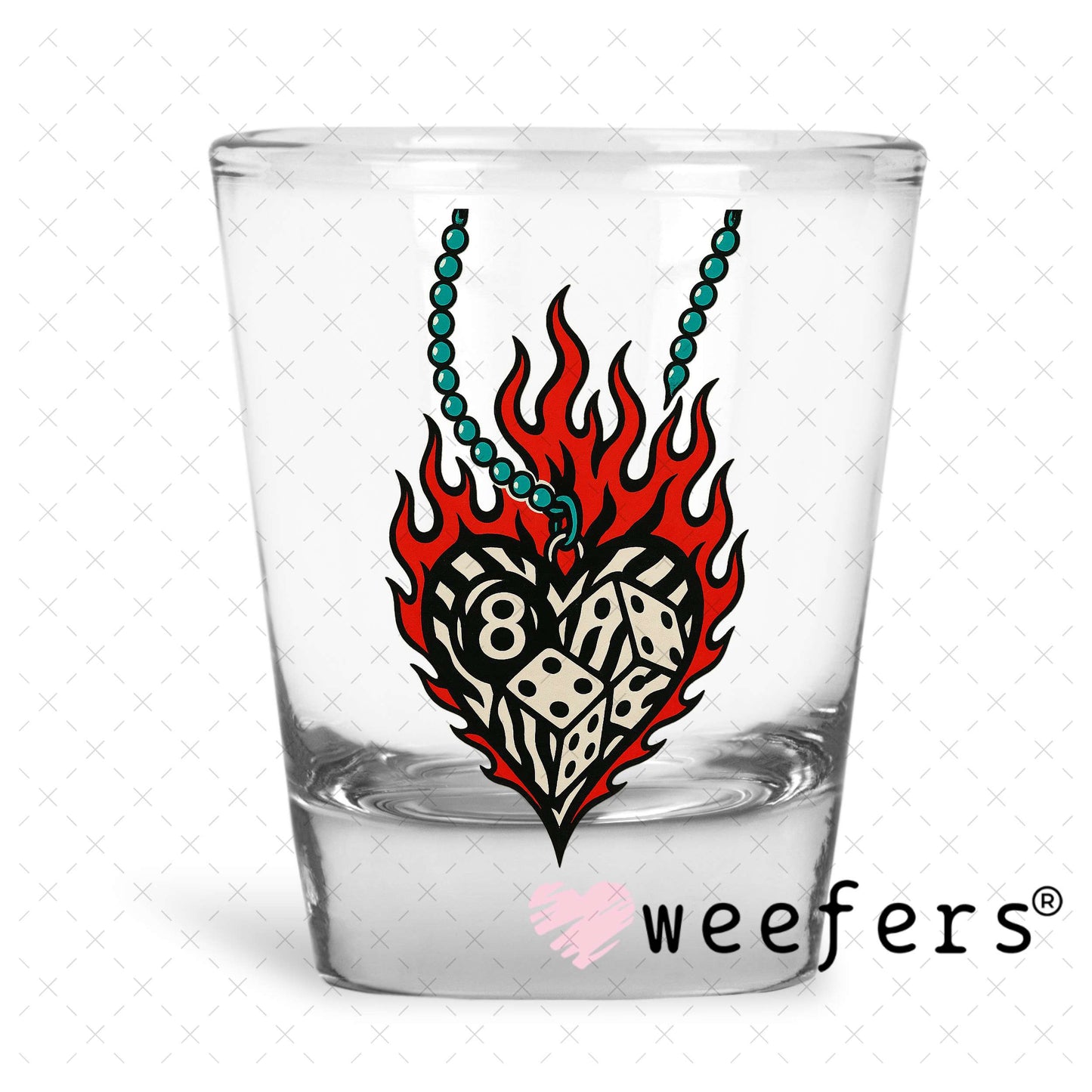 Eightball Dice Flame Heart UV DTF Decal Shot Glass Heavy Base Weefers