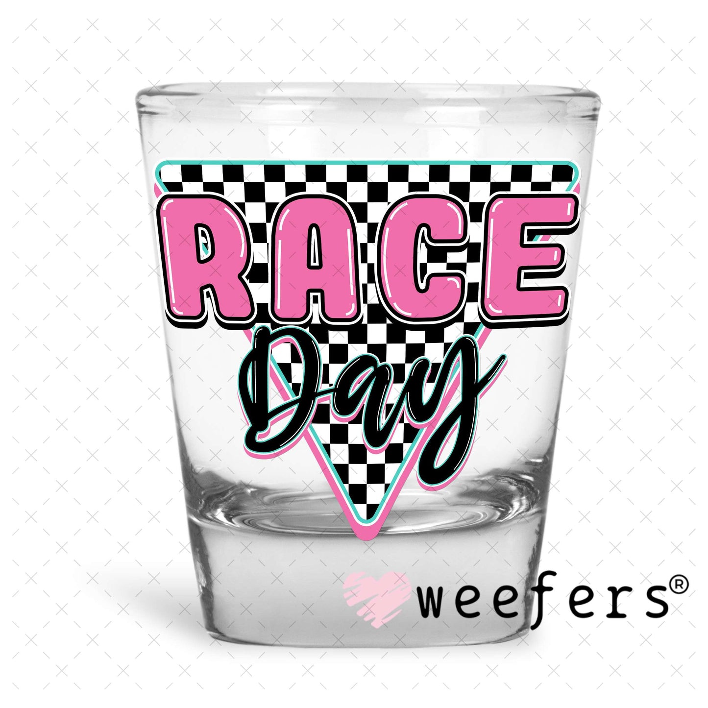 Race Day Pink Black UV DTF Decal Shot Glass Heavy Base Weefers